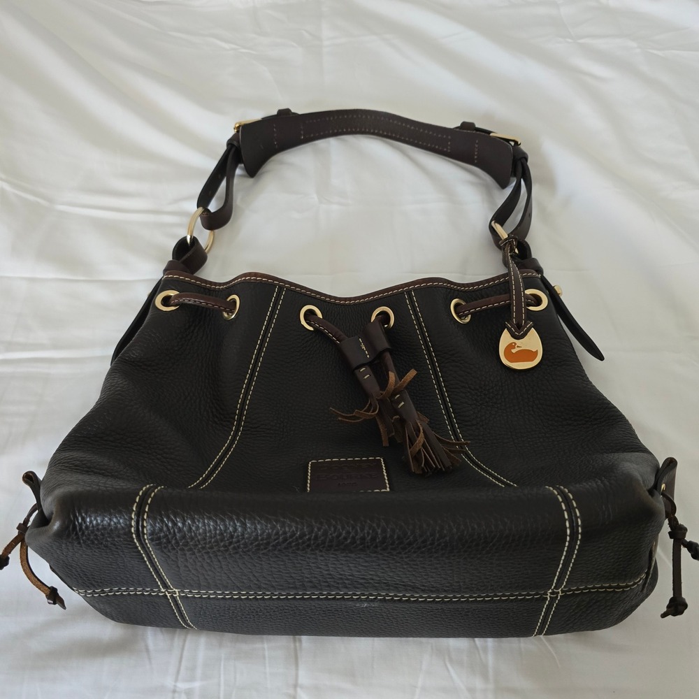 Dooney & Bourke Bucket Bag Womens Medium Brown Pebbled Leather Tassel Drawstring - Picture 2 of 16